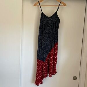 FRESHA LONDON Asymmetrical Midi Dress Navy Blue Red Polka Dot Print